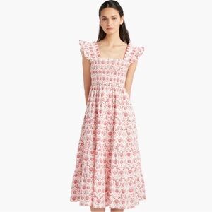 Hill House Pink Floral Smocked Midi Dress with Ruffled Cap Sleeves
